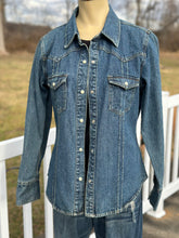 Load image into Gallery viewer, Women’s Sz L denim shirt jacket with tie dyed bolt and Pink Floyd appliqué.