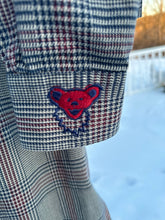 Load image into Gallery viewer, Sz L Dire wolf deep red and dark blue plaid embroidered button down