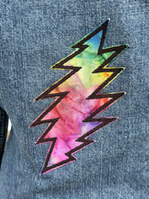 Load image into Gallery viewer, Women’s Sz L denim shirt jacket with tie dyed bolt and Pink Floyd appliqué.