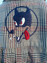 Load image into Gallery viewer, Sz L Dire wolf deep red and dark blue plaid embroidered button down