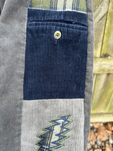 Load image into Gallery viewer, Side panel corduroy patchwork pants with custom appliqués
