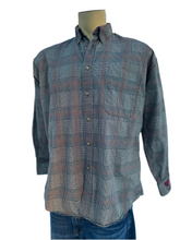 Load image into Gallery viewer, Sz L Dire wolf deep red and dark blue plaid embroidered button down