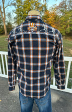 Load image into Gallery viewer, Sz M blue and orange plaid US Blues embroidered flannel