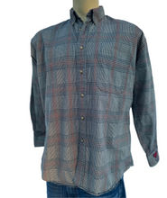 Load image into Gallery viewer, Sz L Dire wolf deep red and dark blue plaid embroidered button down