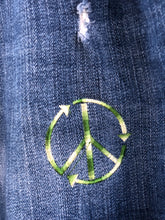 Load image into Gallery viewer, Sz 14 denim cut off shorts with custom embroidery and patches