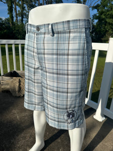 Sz 38 light blue plaid custom embroidered golf shorts
