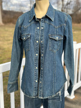 Load image into Gallery viewer, Women’s Sz L denim shirt jacket with tie dyed bolt and Pink Floyd appliqué.
