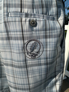 Sz 38 light blue plaid custom embroidered golf shorts