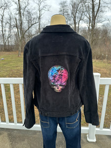 Women’s size M black corduroy button up jacket with custom tie dye appliqués.