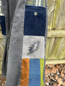 Side panel corduroy patchwork pants with custom appliqués