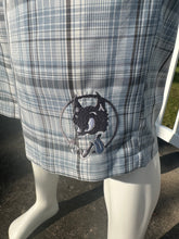 Load image into Gallery viewer, Sz 38 light blue plaid custom embroidered golf shorts
