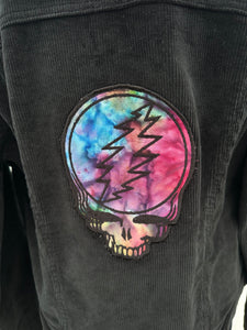 Women’s size M black corduroy button up jacket with custom tie dye appliqués.