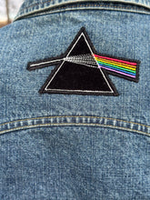 Load image into Gallery viewer, Women’s Sz L denim shirt jacket with tie dyed bolt and Pink Floyd appliqué.
