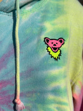 Load image into Gallery viewer, Sz S tie dyed pullover fleece hoodie with neon bear embroidery
