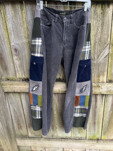 Side panel corduroy patchwork pants with custom appliqués