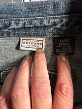 Load image into Gallery viewer, Women’s Sz L denim shirt jacket with tie dyed bolt and Pink Floyd appliqué.
