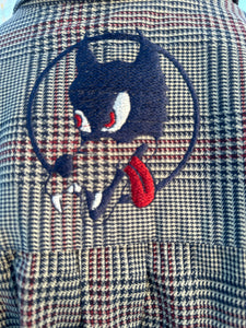 Sz L Dire wolf deep red and dark blue plaid embroidered button down