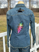 Load image into Gallery viewer, Women’s Sz L denim shirt jacket with tie dyed bolt and Pink Floyd appliqué.
