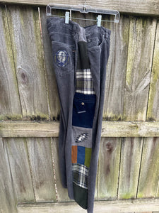 Side panel corduroy patchwork pants with custom appliqués