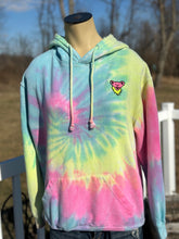 Load image into Gallery viewer, Sz S tie dyed pullover fleece hoodie with neon bear embroidery
