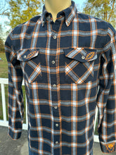 Load image into Gallery viewer, Sz M blue and orange plaid US Blues embroidered flannel
