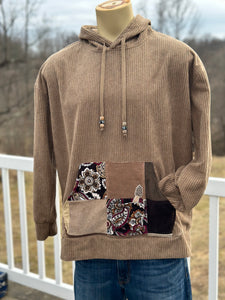 Sz L patchwork corduroy pullover hoodie