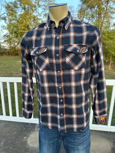 Sz M blue and orange plaid US Blues embroidered flannel