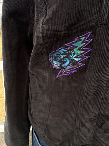 Women’s size M black corduroy button up jacket with custom tie dye appliqués.