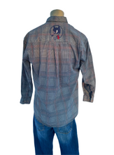 Load image into Gallery viewer, Sz L Dire wolf deep red and dark blue plaid embroidered button down
