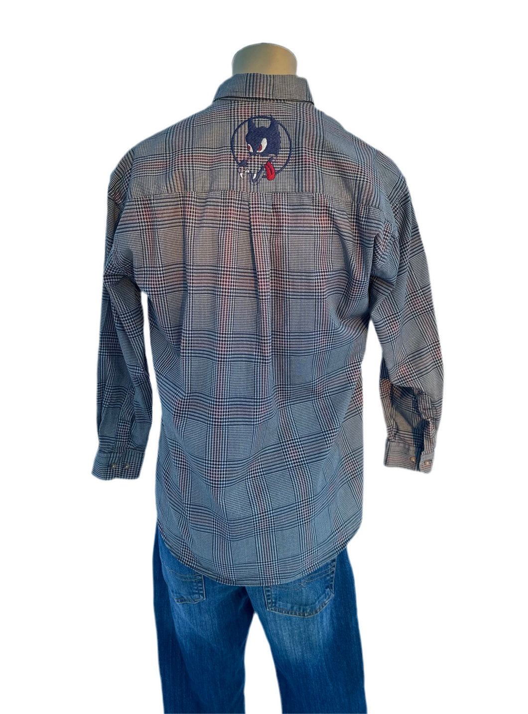 Sz L Dire wolf deep red and dark blue plaid embroidered button down