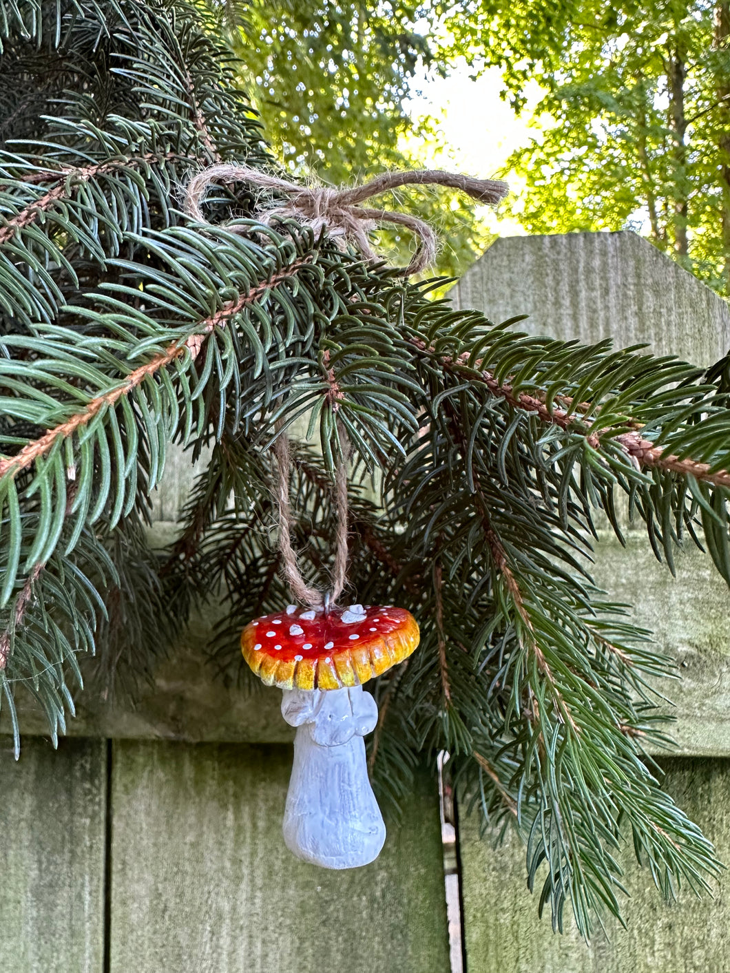 Amanita muscaria hand sculpted clay mushroom ornament