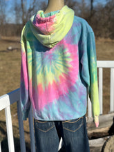 Load image into Gallery viewer, Sz S tie dyed pullover fleece hoodie with neon bear embroidery
