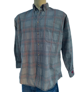 Sz L Dire wolf deep red and dark blue plaid embroidered button down