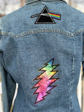 Load image into Gallery viewer, Women’s Sz L denim shirt jacket with tie dyed bolt and Pink Floyd appliqué.
