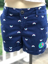 Load image into Gallery viewer, Women’s Sz 5 rainbow peace sign shorts
