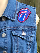 Load image into Gallery viewer, Rolling Stones upcycled Rock n Roll embroidered vest - women&#39;s Sz L
