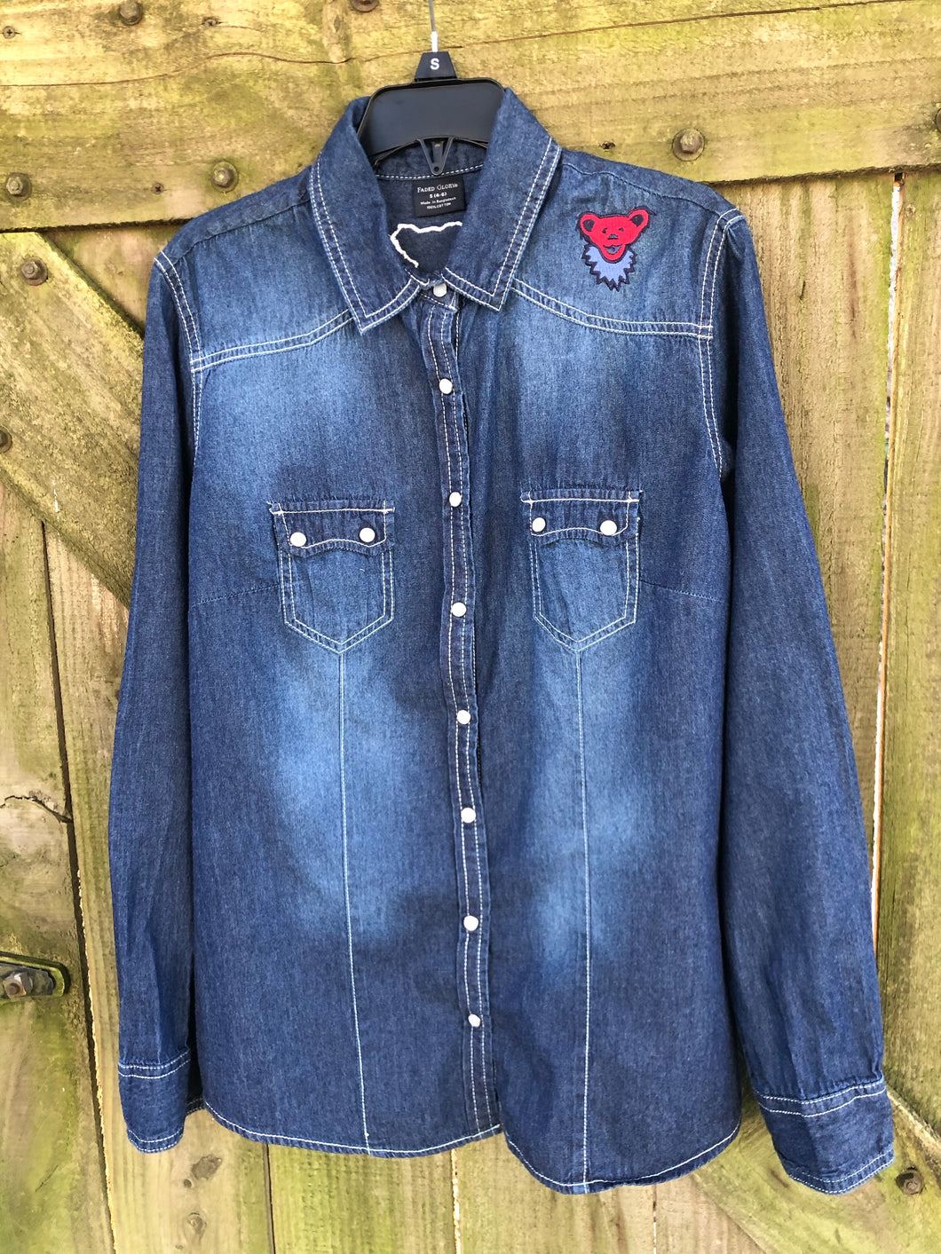Sz Small embroidered denim bear pearl snap